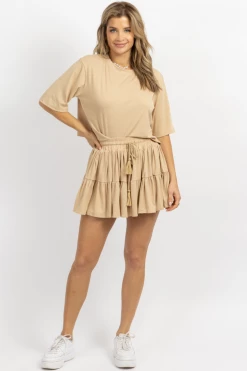 MABLE NEW ARRIVALS TAUPE CROP + TIER MINI SKORT SET