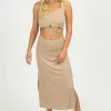 PEACH LOVE CALIFORNIA CLOTHING MEDIUM TAUPE CUTOUT MIDI DRESS
