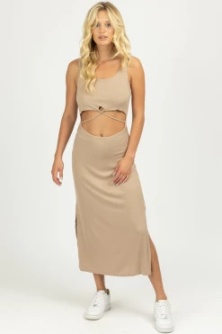 PEACH LOVE CALIFORNIA CLOTHING MEDIUM TAUPE CUTOUT MIDI DRESS