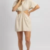 MABLE NEW ARRIVALS TAUPE CUTOUT SHORT SLEEVE MINI DRESS