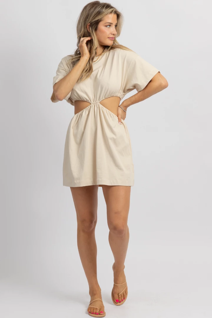 MABLE NEW ARRIVALS TAUPE CUTOUT SHORT SLEEVE MINI DRESS 1 MABLE NEW ARRIVALS TAUPE CUTOUT SHORT SLEEVE MINI DRESS