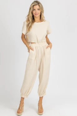 MABLE TAUPE GAUZE OPEN BACK JUMPSUIT
