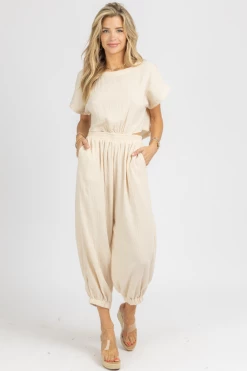 MABLE TAUPE GAUZE OPEN BACK JUMPSUIT