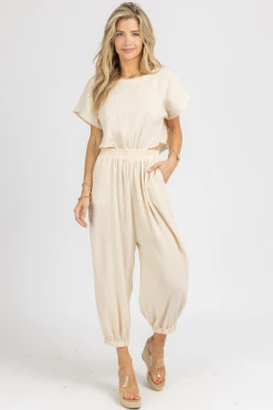 MABLE TAUPE GAUZE OPEN BACK JUMPSUIT