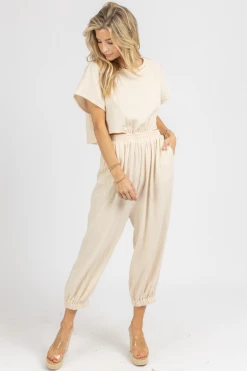 MABLE TAUPE GAUZE OPEN BACK JUMPSUIT