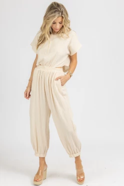 MABLE TAUPE GAUZE OPEN BACK JUMPSUIT