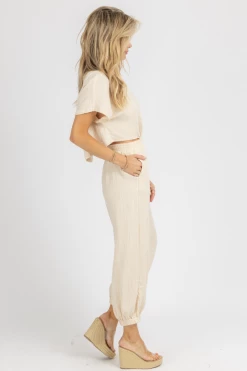 MABLE TAUPE GAUZE OPEN BACK JUMPSUIT