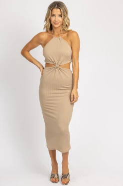 STYLE U TAUPE HALTER CUTOUT MIDI DRESS