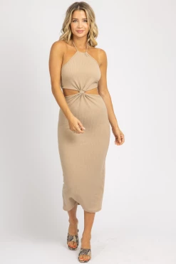 STYLE U TAUPE HALTER CUTOUT MIDI DRESS