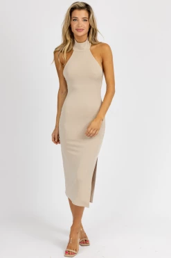 FORE COLLECTION LATTE HALTER MOCK NECK SLIT MIDI DRESS