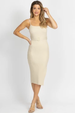 ENDLESS BLU LIGHT SAND BELTED KNIT MIDI DRESS
