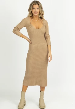 MABLE TAUPE KNIT LAYERED BRA MIDI DRESS SET 9 MABLE TAUPE KNIT LAYERED BRA MIDI DRESS SET