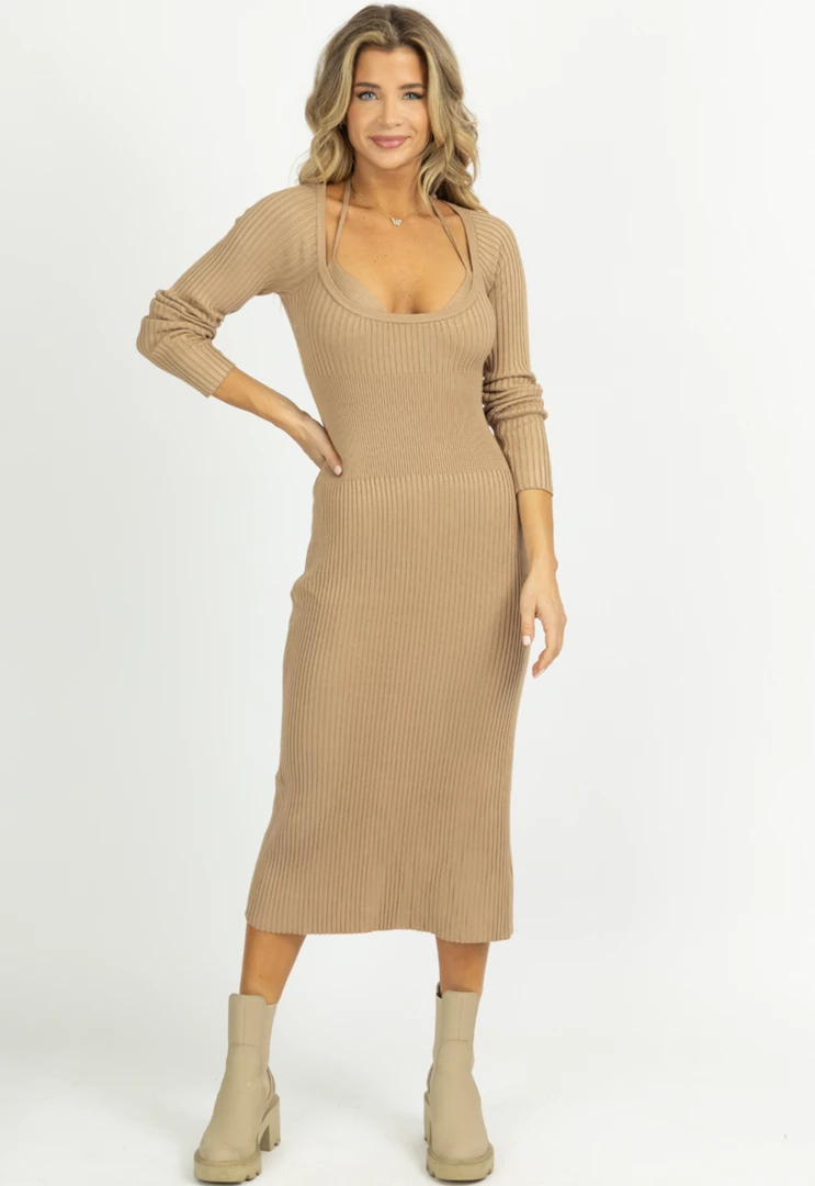 MABLE TAUPE KNIT LAYERED BRA MIDI DRESS SET 4 MABLE TAUPE KNIT LAYERED BRA MIDI DRESS SET