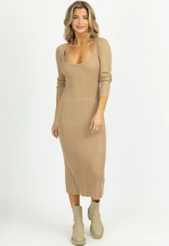 MABLE TAUPE KNIT LAYERED BRA MIDI DRESS SET