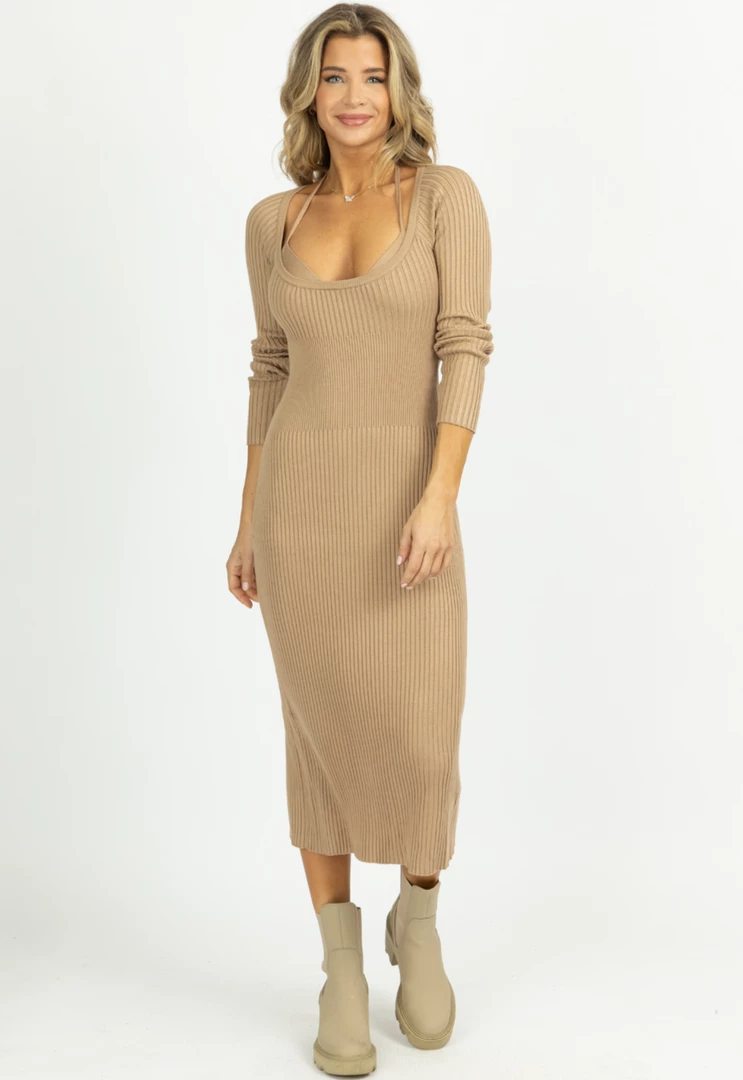 MABLE TAUPE KNIT LAYERED BRA MIDI DRESS SET 2 MABLE TAUPE KNIT LAYERED BRA MIDI DRESS SET
