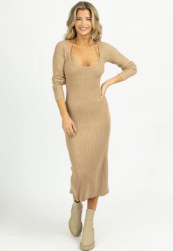 MABLE TAUPE KNIT LAYERED BRA MIDI DRESS SET 8 MABLE TAUPE KNIT LAYERED BRA MIDI DRESS SET
