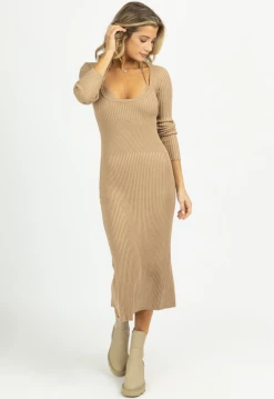 MABLE TAUPE KNIT LAYERED BRA MIDI DRESS SET