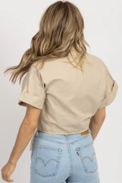 MABLE NEW ARRIVALS TAUPE SHORT SLEEVE LINEN TIED CROP TOP 13 MABLE NEW ARRIVALS TAUPE SHORT SLEEVE LINEN TIED CROP TOP