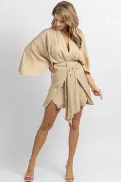 MABLE TAUPE LINEN DOLMAN SLEEVE MINI DRESS NEW ARRIVALS
