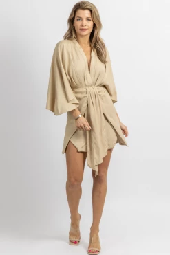 MABLE TAUPE LINEN DOLMAN SLEEVE MINI DRESS NEW ARRIVALS