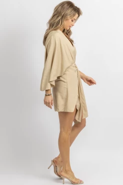 MABLE TAUPE LINEN DOLMAN SLEEVE MINI DRESS NEW ARRIVALS