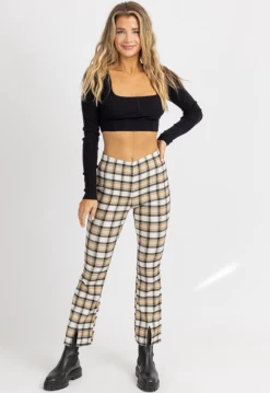 POLAGRAM NEW ARRIVALS TAN PLAID WIDE LEG SLIT HEM PANTS