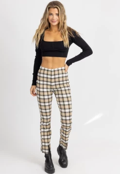 POLAGRAM NEW ARRIVALS TAN PLAID WIDE LEG SLIT HEM PANTS