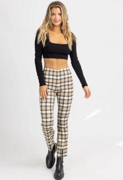 POLAGRAM NEW ARRIVALS TAN PLAID WIDE LEG SLIT HEM PANTS