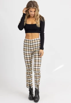 POLAGRAM NEW ARRIVALS TAN PLAID WIDE LEG SLIT HEM PANTS