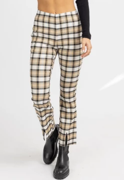 POLAGRAM NEW ARRIVALS TAN PLAID WIDE LEG SLIT HEM PANTS