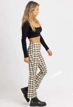 POLAGRAM NEW ARRIVALS TAN PLAID WIDE LEG SLIT HEM PANTS