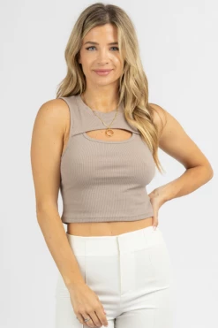 MISS LOVE TAUPE RIBBED FRONT CUTOUT TOP 7 MISS LOVE TAUPE RIBBED FRONT CUTOUT TOP