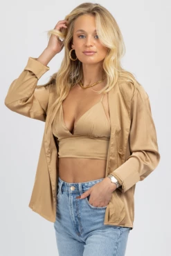 MABLE NEW ARRIVALS TAUPE SATIN BRALETTE + BUTTON DOWN SET