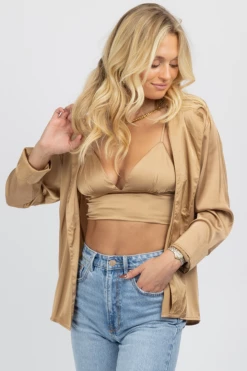 MABLE NEW ARRIVALS TAUPE SATIN BRALETTE + BUTTON DOWN SET