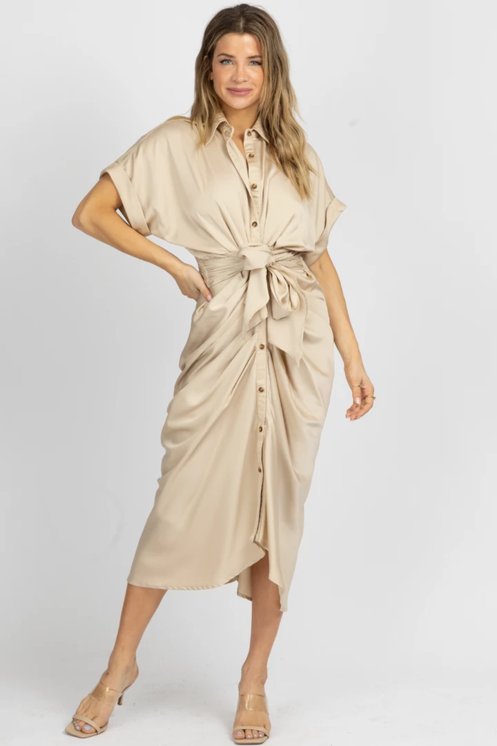 MABLE NEW ARRIVALS TAUPE SATIN TWIST + TIE BUTTON MIDI DRESS 3 MABLE NEW ARRIVALS TAUPE SATIN TWIST + TIE BUTTON MIDI DRESS