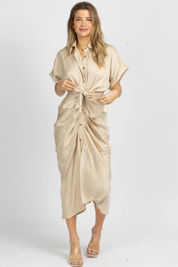 MABLE NEW ARRIVALS TAUPE SATIN TWIST + TIE BUTTON MIDI DRESS 2 MABLE NEW ARRIVALS TAUPE SATIN TWIST + TIE BUTTON MIDI DRESS