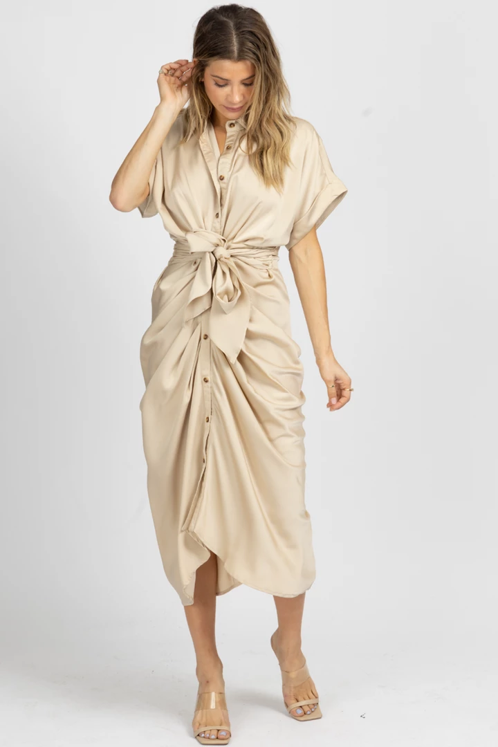 MABLE NEW ARRIVALS TAUPE SATIN TWIST + TIE BUTTON MIDI DRESS 4 MABLE NEW ARRIVALS TAUPE SATIN TWIST + TIE BUTTON MIDI DRESS