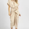 MABLE NEW ARRIVALS TAUPE SATIN TWIST + TIE BUTTON MIDI DRESS