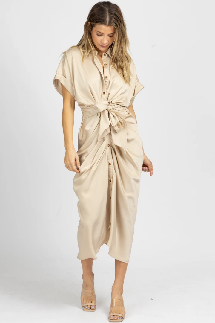 MABLE NEW ARRIVALS TAUPE SATIN TWIST + TIE BUTTON MIDI DRESS 1 MABLE NEW ARRIVALS TAUPE SATIN TWIST + TIE BUTTON MIDI DRESS