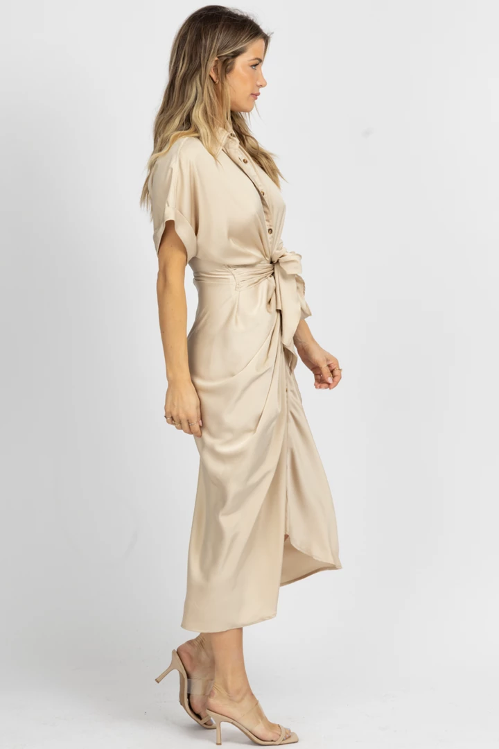 MABLE NEW ARRIVALS TAUPE SATIN TWIST + TIE BUTTON MIDI DRESS 6 MABLE NEW ARRIVALS TAUPE SATIN TWIST + TIE BUTTON MIDI DRESS