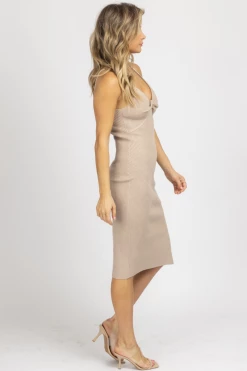 HEM & THREAD NEW ARRIVALS STONE TWIST FRONT KNIT RIBBED MIDI DRESS