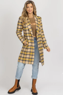 SKIES ARE BLUE TAUPE + MUSTARD PLAID LONG COAT