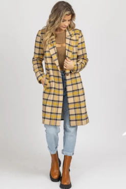 SKIES ARE BLUE TAUPE + MUSTARD PLAID LONG COAT