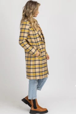 SKIES ARE BLUE TAUPE + MUSTARD PLAID LONG COAT