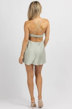 MABLE TEA GREEN SATIN COWL MINI DRESS