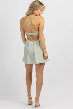 MABLE TEA GREEN SATIN COWL MINI DRESS