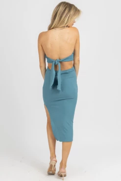ENDLESS BLU NEW ARRIVALS TEAL O-RING HALTER TIE MIDI DRESS