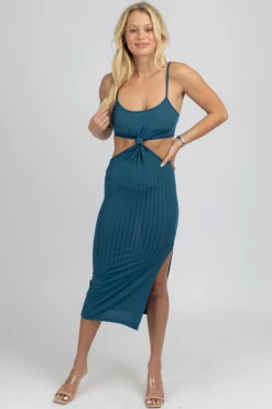 ENDLESS BLU NEW ARRIVALS TEAL KNOT FRONT MIDI DRESS