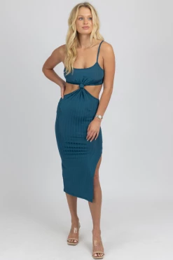 ENDLESS BLU NEW ARRIVALS TEAL KNOT FRONT MIDI DRESS