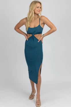 ENDLESS BLU NEW ARRIVALS TEAL KNOT FRONT MIDI DRESS